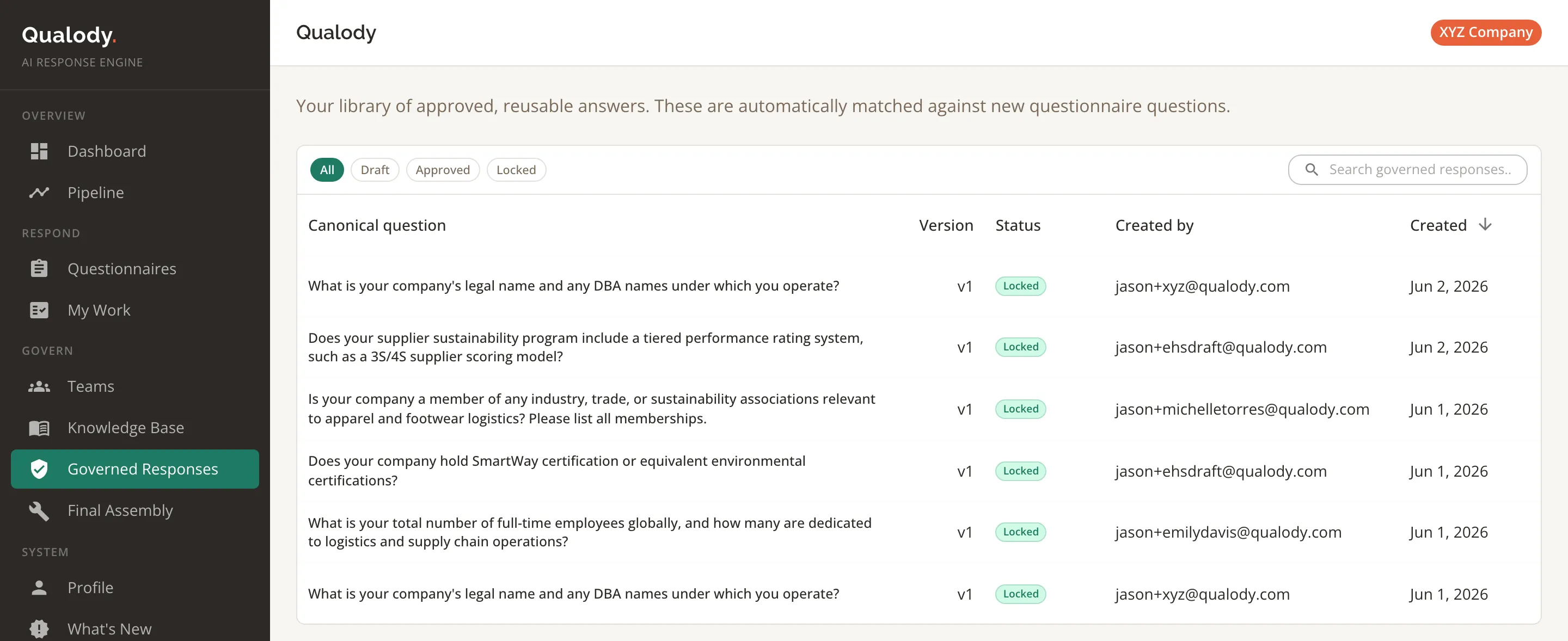 Qualody governed responses library of approved, reusable answers with versions and status