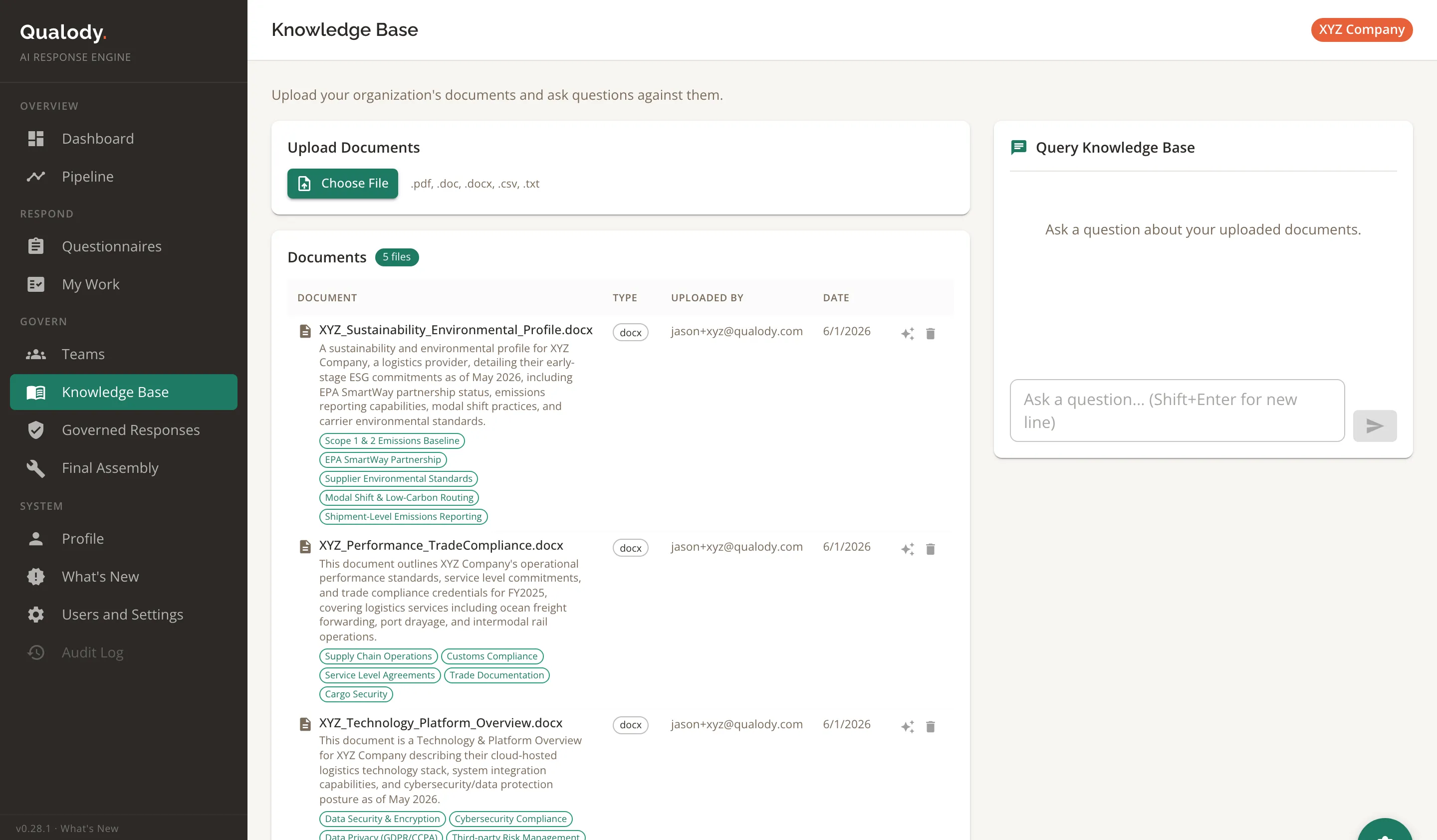 Qualody knowledge base showing uploaded company documents with topic tags and a query panel